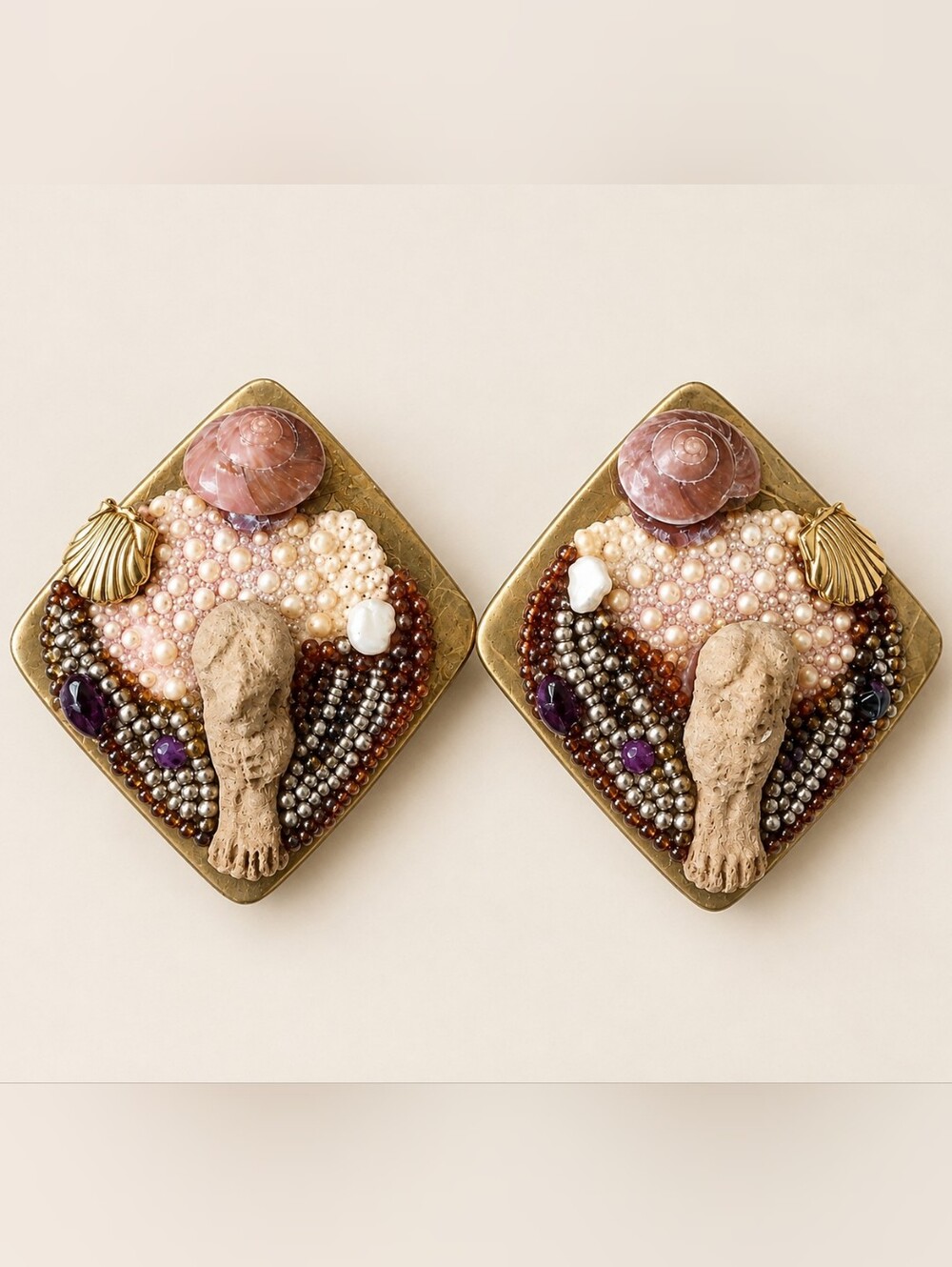 Handmade Brass Statement Earrings 2" x 2" Coastal Shell Beaded Artisan Boho